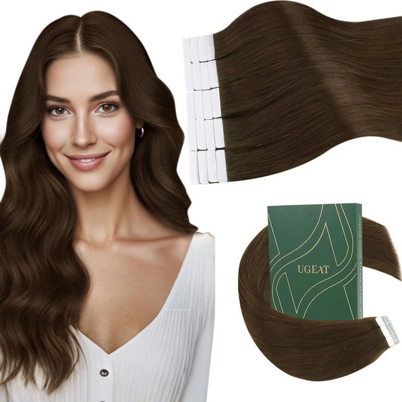 Ugeat Tape in Hair Extensions Real Human Hair Dark Brown Micro Tape in Hair Extensions Brown Color Long Straight Add Length No Damage for Girl Party Wear 22 Inch 20Pcs 50G